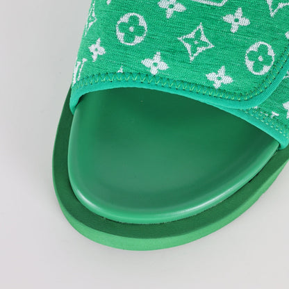 L***V Grass Green Monogram Jacquard Twisted Bow Ruched Strap Miami Slide Sandals — Spring Summer Boutique Limited Edition