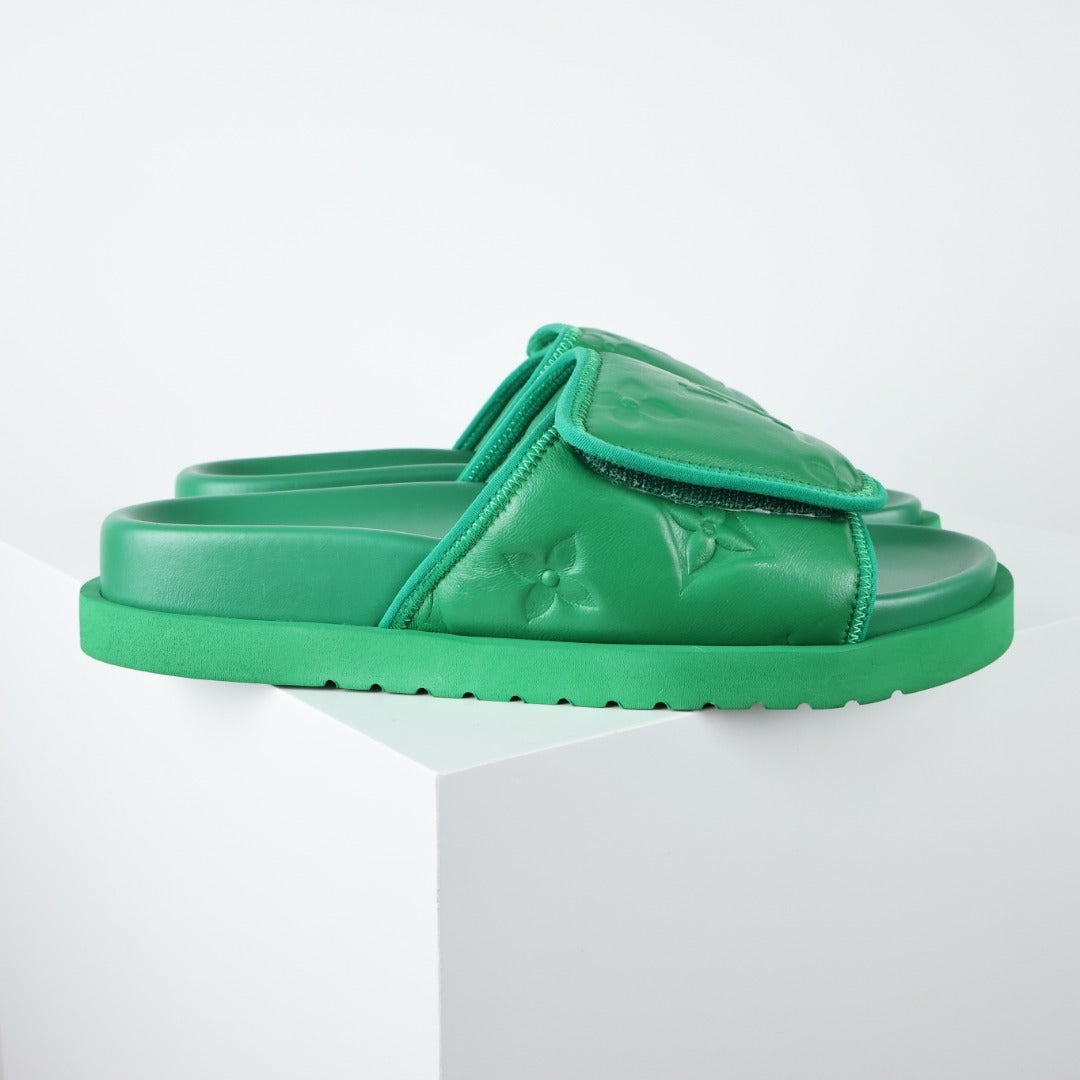 L***V Grass Green Inflated Pillow Leather Velcro Adjustable Wide Strap Miami Slide Sandals — Spring Summer Boutique Limited Edition