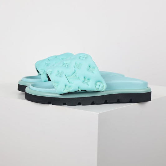 L***V Mint Green Tonal Monogram Puffy Quilted Wide Strap Platform Slide Sandals — 2024 Spring Summer Boutique Limited Edition