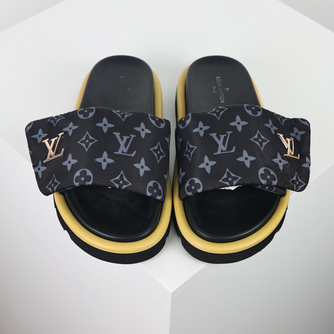 L***V Black Monogram Canvas Platform Slide Sandals — 2024 Spring Summer Boutique Limited Edition