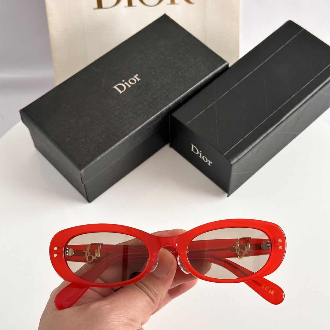D**R Slim Oval Cat-Eye Sunglasses with Bold Glossy Red Acetate Frame, Light Tinted Lenses & Gold CD Logo Hardware