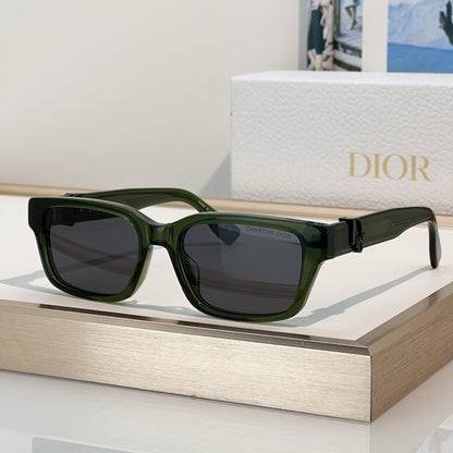 D**R Thick Square Sunglasses with Crystal Grey Transparent Frame, Navy Blue Lenses & Engraved CD Temple Hardware