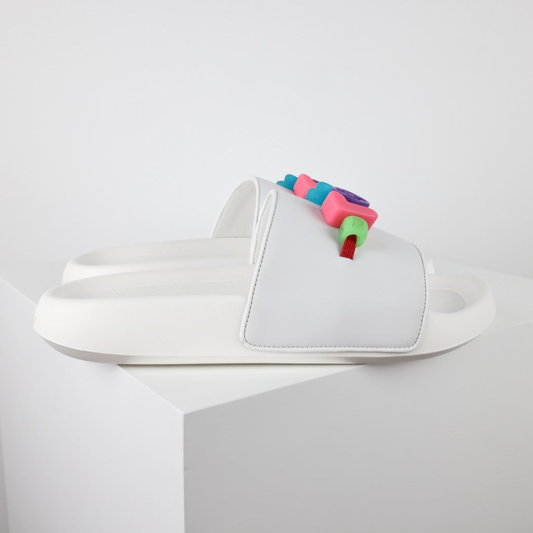 L***V Rubber Pool Slide Sandals — SS23 Limited Edition 3D Logo Charm Slip-On Beach Slippers (White)