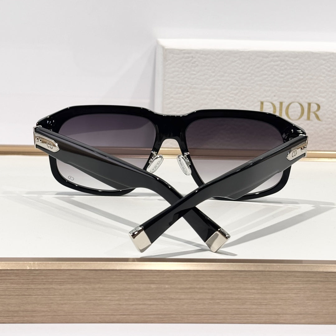 D**R Oversized Square Acetate Sunglasses | Gloss Black Frame, CD Rivet Temple, Silver Metal Tip, Light Gradient Grey Lenses
