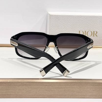 D**R Oversized Square Acetate Sunglasses | Gloss Black Frame, CD Rivet Temple, Silver Metal Tip, Light Gradient Grey Lenses
