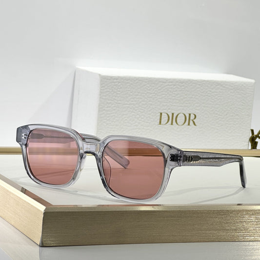 D**R Square Sunglasses | Crystal Grey Transparent Frame, Rose Pink Lenses & Black CD Logo Hinge