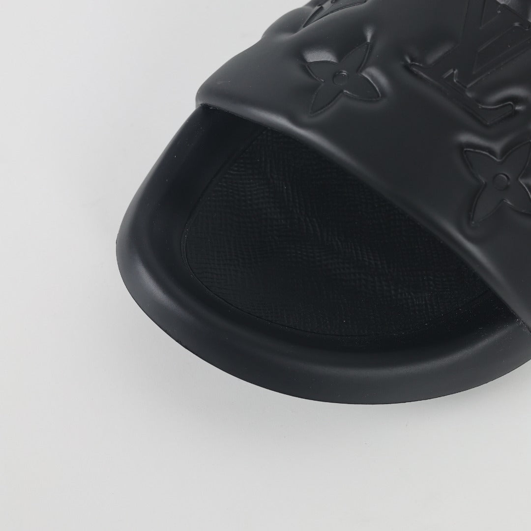 L***V All-Black Tonal Monogram Embossed EVA Waterfront Wide Strap Slide Sandals — Spring Summer Boutique Limited Edition