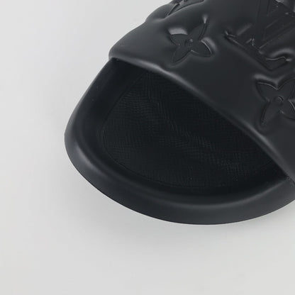 L***V All-Black Tonal Monogram Embossed EVA Waterfront Wide Strap Slide Sandals — Spring Summer Boutique Limited Edition