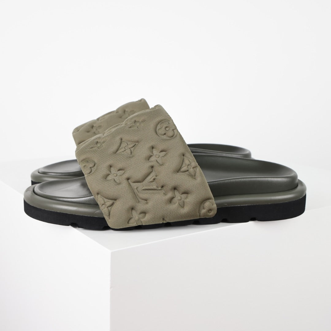 L***V Monogram Embossed Suede Slide Sandals — Quilted Wide Band Slip-On Pool Beach Slippers (8 Colors)