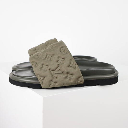 L***V Monogram Embossed Suede Slide Sandals — Quilted Wide Band Slip-On Pool Beach Slippers (8 Colors)