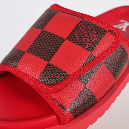 L***V Scarlet Red Dark Brown Damier Checkerboard Velcro Adjustable Wide Strap Miami Slide Sandals — Spring Summer Boutique Limited Edition