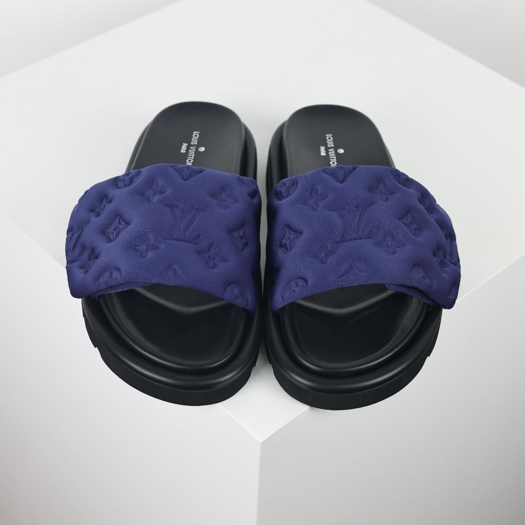 L***V Navy Blue Tonal Monogram Puffy Quilted Wide Strap Platform Slide Sandals — 2024 Spring Summer Boutique Limited Edition