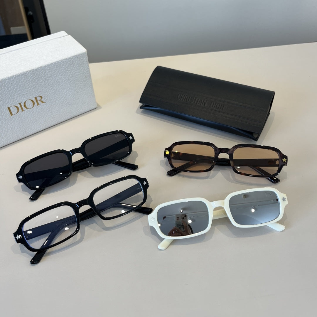 D**R Narrow Rectangle Sunglasses | Glossy Black Acetate Frame, Star Detail & Dark Lenses