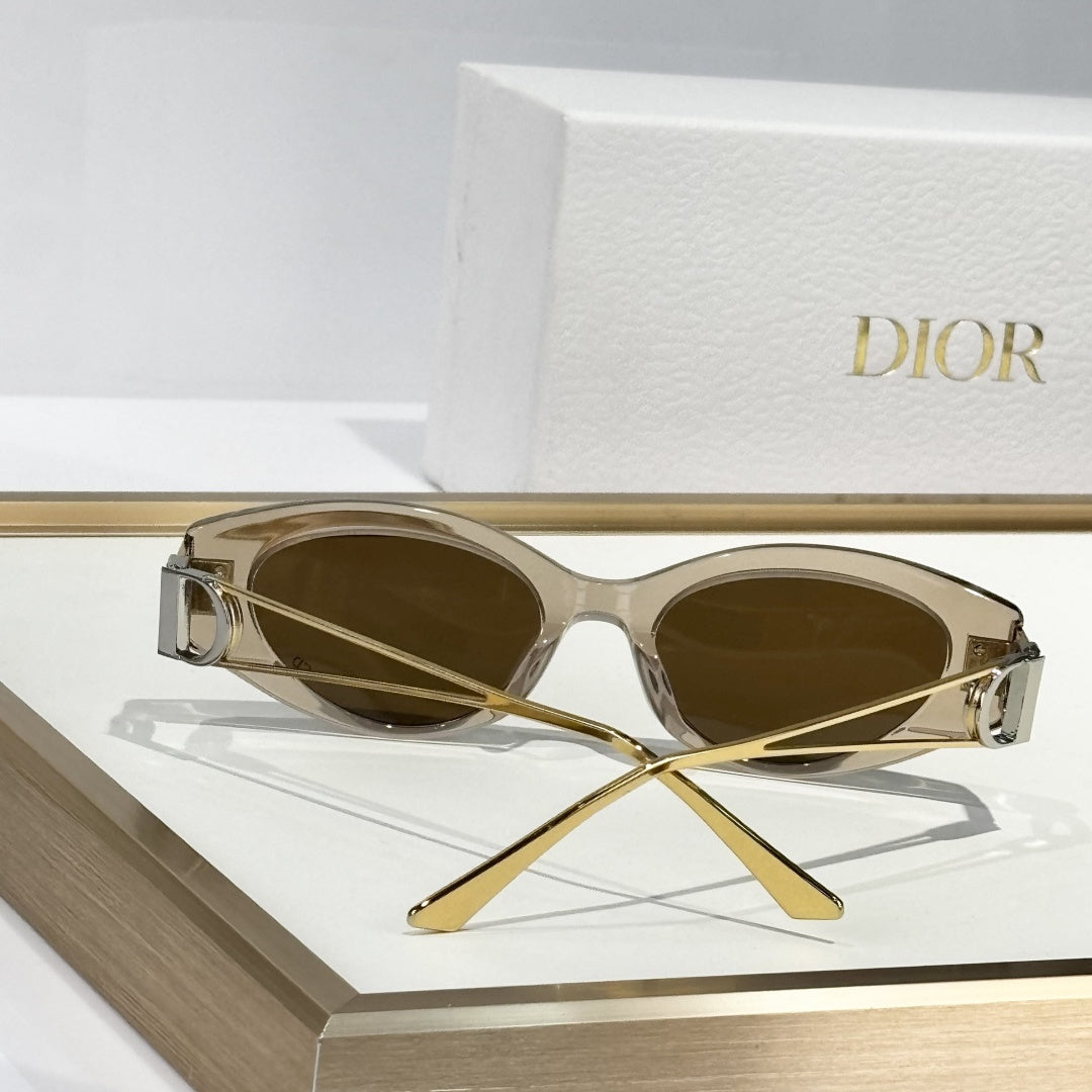 D**R Narrow Cat-Eye Sunglasses | Transparent Smoke-Brown Acetate Frame, CD Metal Badge, Champagne Acetate Temple, Flat Brown Lenses