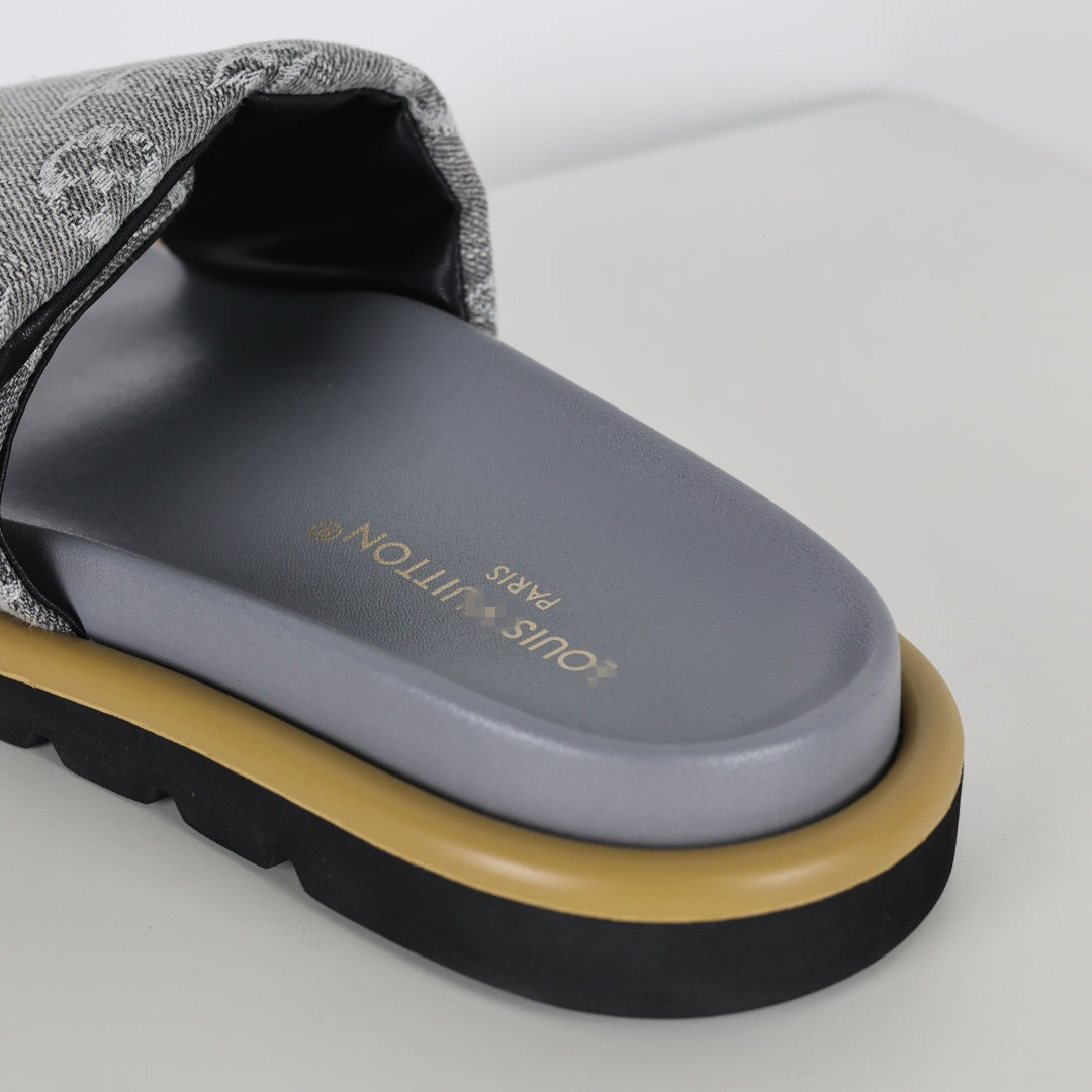 L***V Grey Denim Monogram Canvas Leather Buckle Strap Wide Band Platform Slide Sandals — Spring Summer Boutique Limited Edition
