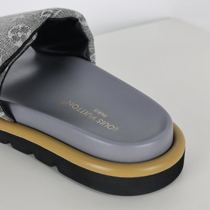 L***V Grey Denim Monogram Canvas Leather Buckle Strap Wide Band Platform Slide Sandals — Spring Summer Boutique Limited Edition
