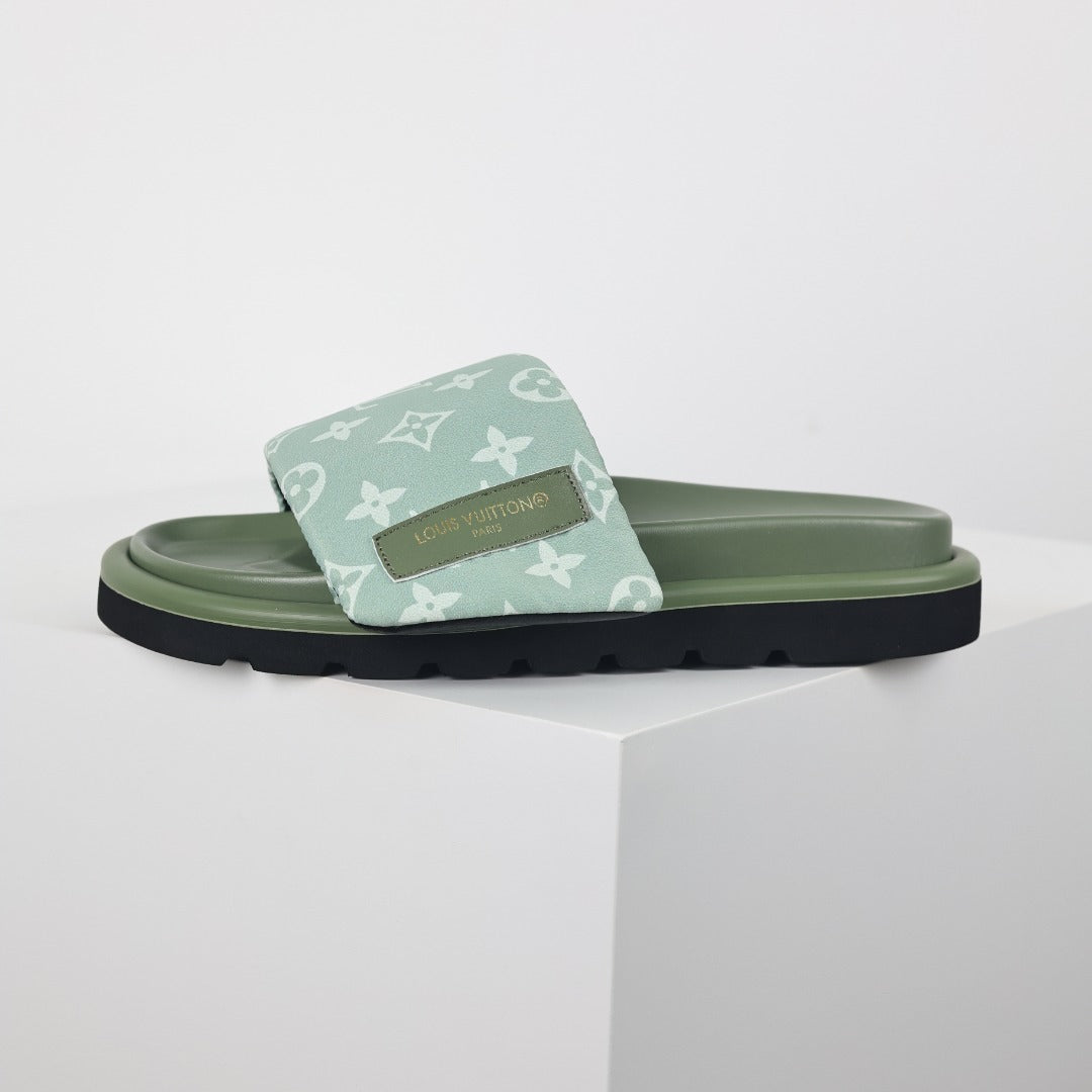 L***V Sage Green Tonal Monogram Canvas Wide Strap Platform Slide Sandals — 2024 Spring Summer Boutique Limited Edition