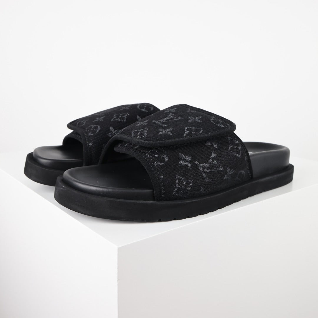 L***V All-Black Giant Monogram Floral Tonal Embroidery Slip-On Wide Strap Miami Slide Sandals — Spring Summer Boutique Limited Edition