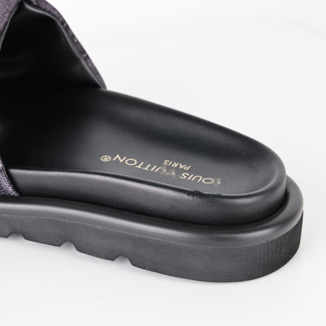 L***V Dark Grey Monogram Nylon Pool Pillow Comfort Wide Strap Slide Sandals — Spring Summer Boutique Limited Edition