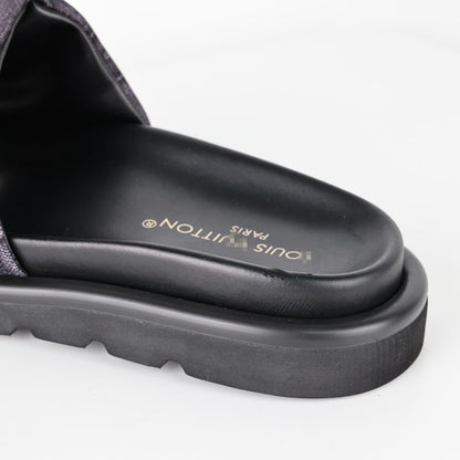 L***V Dark Grey Monogram Nylon Pool Pillow Comfort Wide Strap Slide Sandals — Spring Summer Boutique Limited Edition