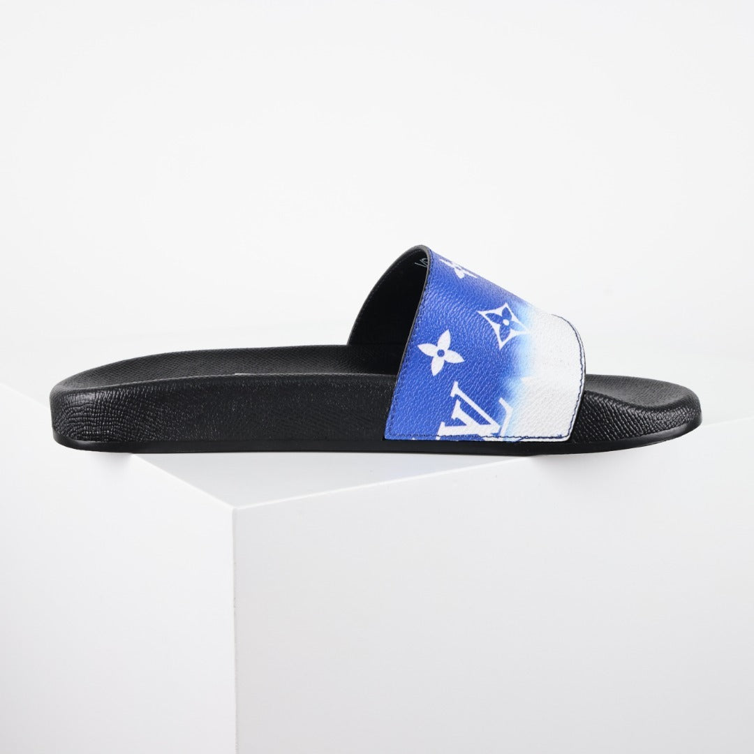 L***V White Cobalt Blue Ombre Tie-Dye Oversized Monogram Waterfront Wide Strap Slide Sandals — Spring Summer Boutique Limited Edition