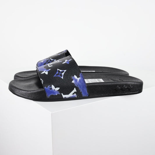 L***V Black Blue Purple Multicolor Monogram Floral Waterfront Wide Strap Slide Sandals — Spring Summer Boutique Limited Edition