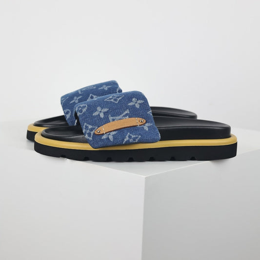L***V Blue Denim Monogram Gold Bar Platform Slide Sandals — 2024 Spring Summer Boutique Limited Edition