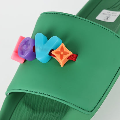 L***V Rubber Pool Slide Sandals — SS23 Limited Edition 3D Logo Charm Slip-On Beach Slippers (Emerald Green)