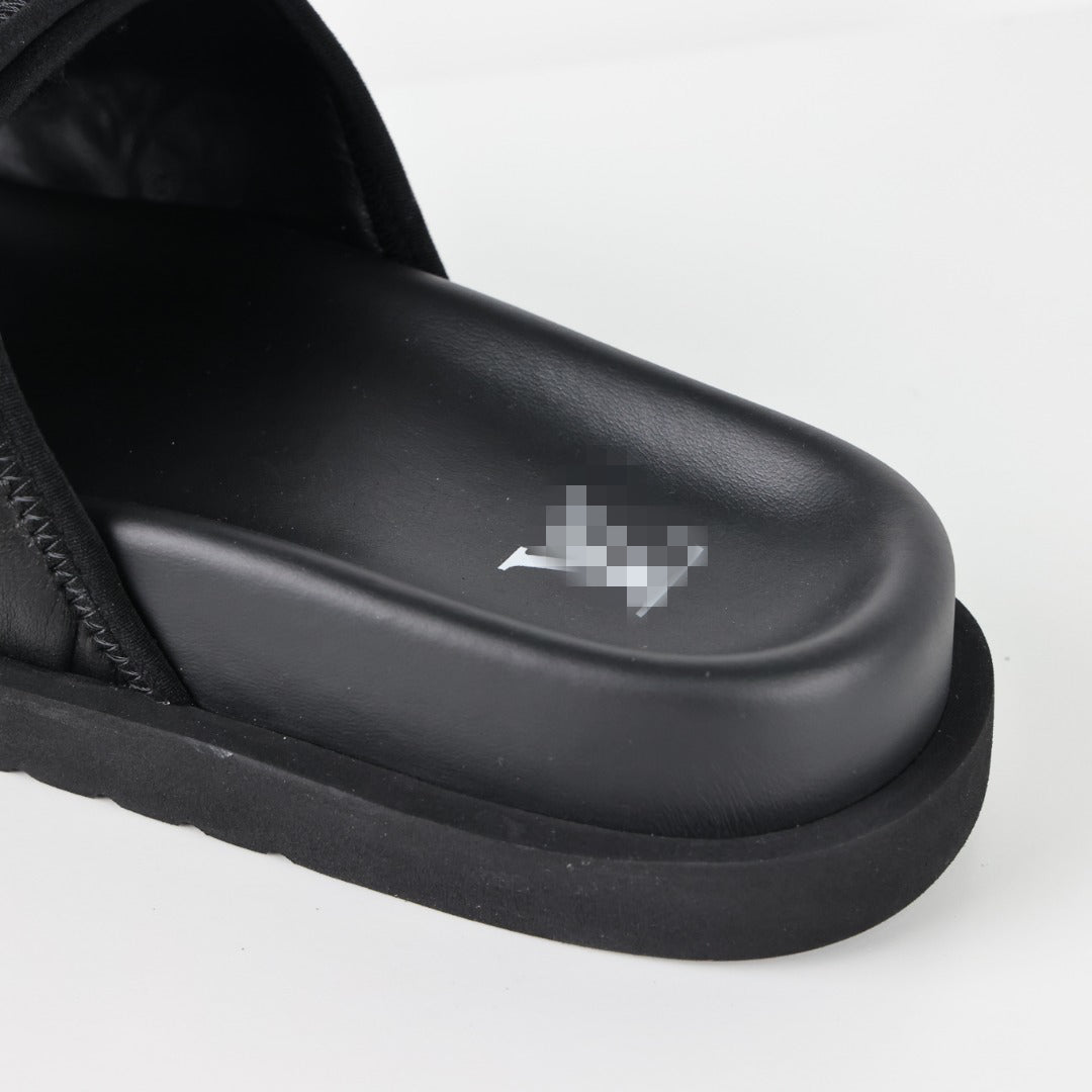 L***V All-Black Inflated Pillow Leather Velcro Adjustable Wide Strap Miami Slide Sandals — Spring Summer Boutique Limited Edition