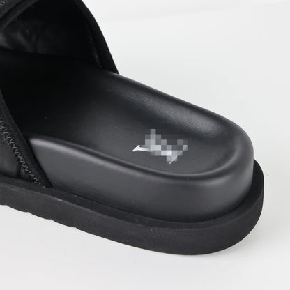 L***V All-Black Inflated Pillow Leather Velcro Adjustable Wide Strap Miami Slide Sandals — Spring Summer Boutique Limited Edition