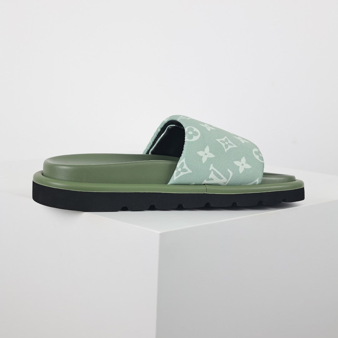 L***V Sage Green Tonal Monogram Canvas Wide Strap Platform Slide Sandals — 2024 Spring Summer Boutique Limited Edition