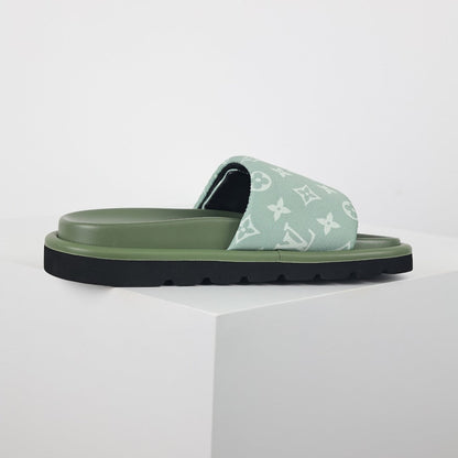 L***V Sage Green Tonal Monogram Canvas Wide Strap Platform Slide Sandals — 2024 Spring Summer Boutique Limited Edition