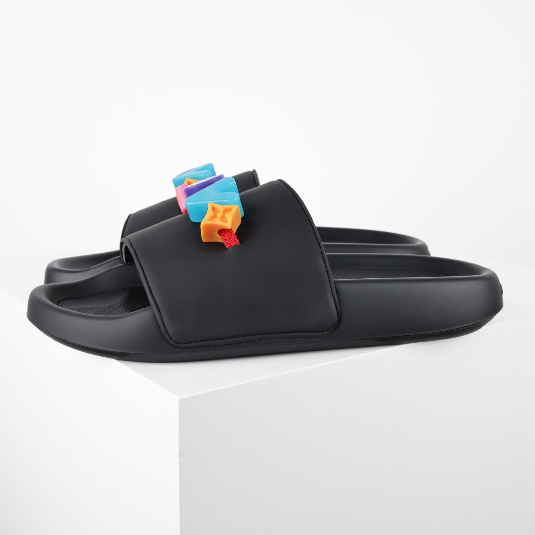 L***V Rubber Pool Slide Sandals — SS23 Limited Edition 3D Logo Charm Slip-On Beach Slippers (Black)
