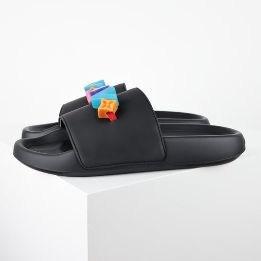 L***V Rubber Pool Slide Sandals — SS23 Limited Edition 3D Logo Charm Slip-On Beach Slippers (Black)