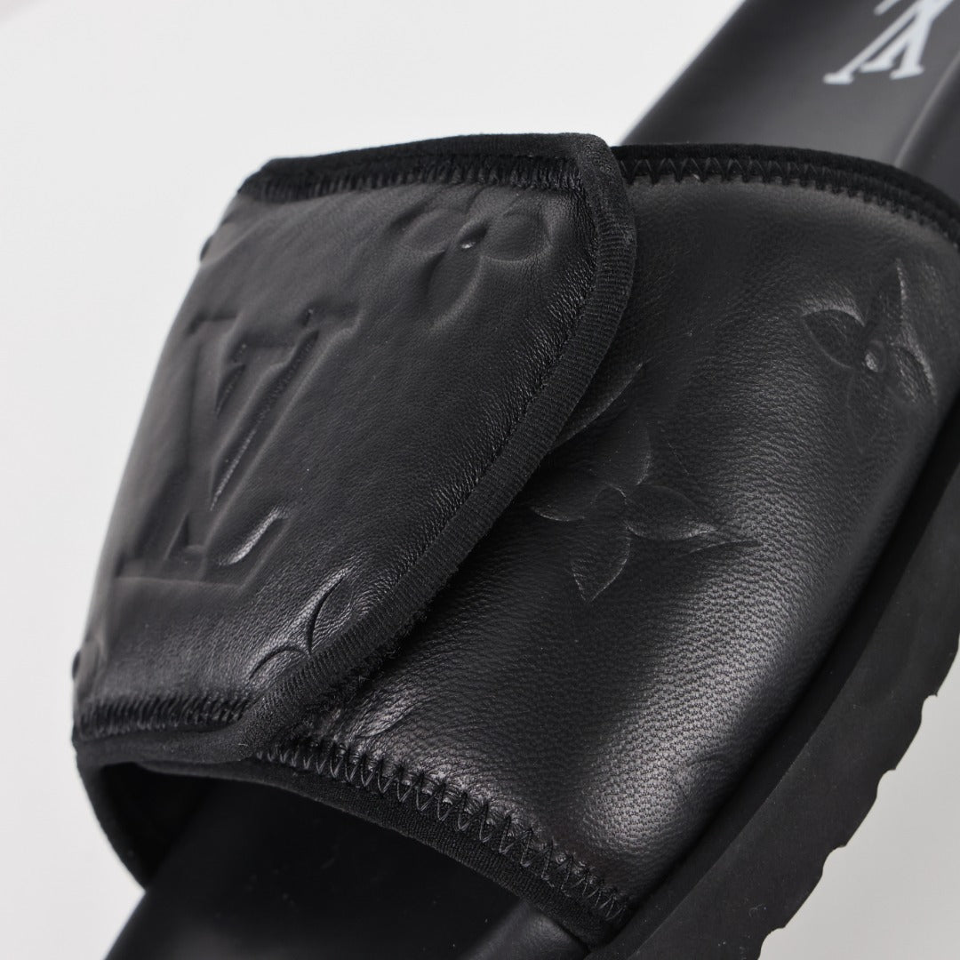 L***V All-Black Inflated Pillow Leather Velcro Adjustable Wide Strap Miami Slide Sandals — Spring Summer Boutique Limited Edition