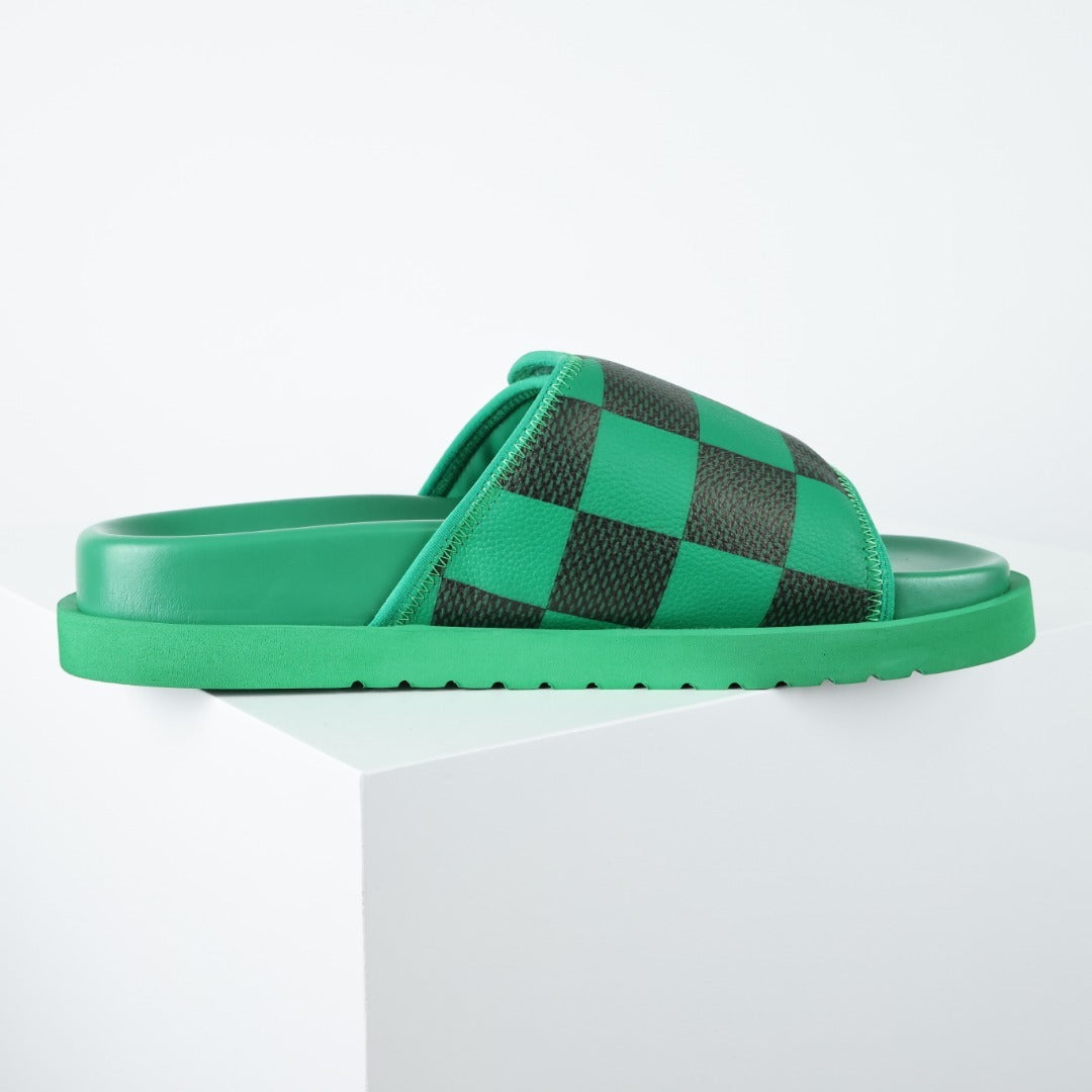 L***V Grass Green Black Damier Checkerboard Velcro Adjustable Wide Strap Miami Slide Sandals — Spring Summer Boutique Limited Edition