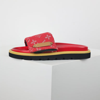 L***V Red Monogram Canvas Gold Safety Pin Double Strap Platform Slide Sandals — 2024 Spring Summer Boutique Limited Edition