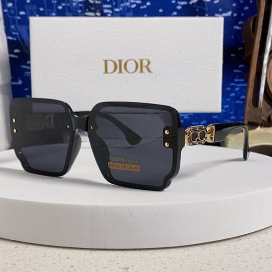 D**R Oversized Square Sunglasses | All-Black Frame, Gold CD Logo Temple & Dark Grey Lenses
