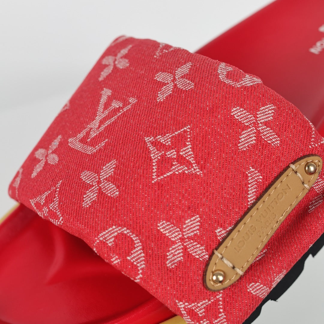 L***V Red Monogram Canvas Gold Safety Pin Double Strap Platform Slide Sandals — 2024 Spring Summer Boutique Limited Edition
