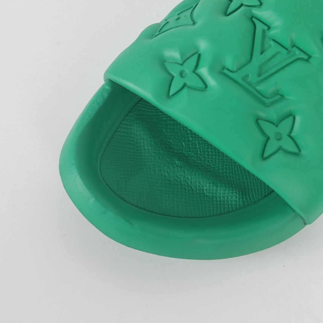 L***V Kelly Green Tonal Monogram Embossed Waterproof EVA Waterfront Wide Strap Slide Sandals — Spring Summer Boutique Limited Edition
