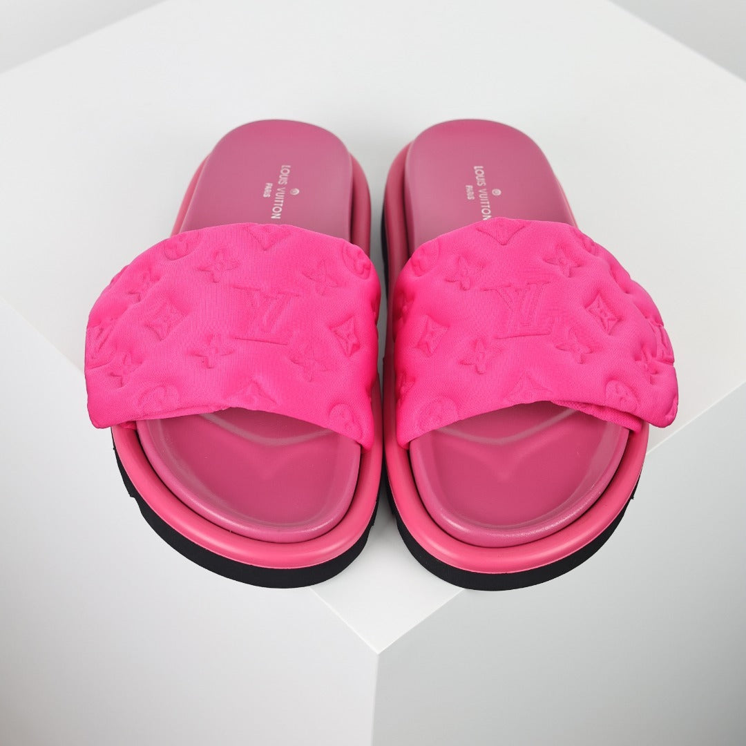 L***V Hot Pink Tonal Monogram Puffy Quilted Wide Strap Platform Slide Sandals — Spring Summer Boutique Limited Edition
