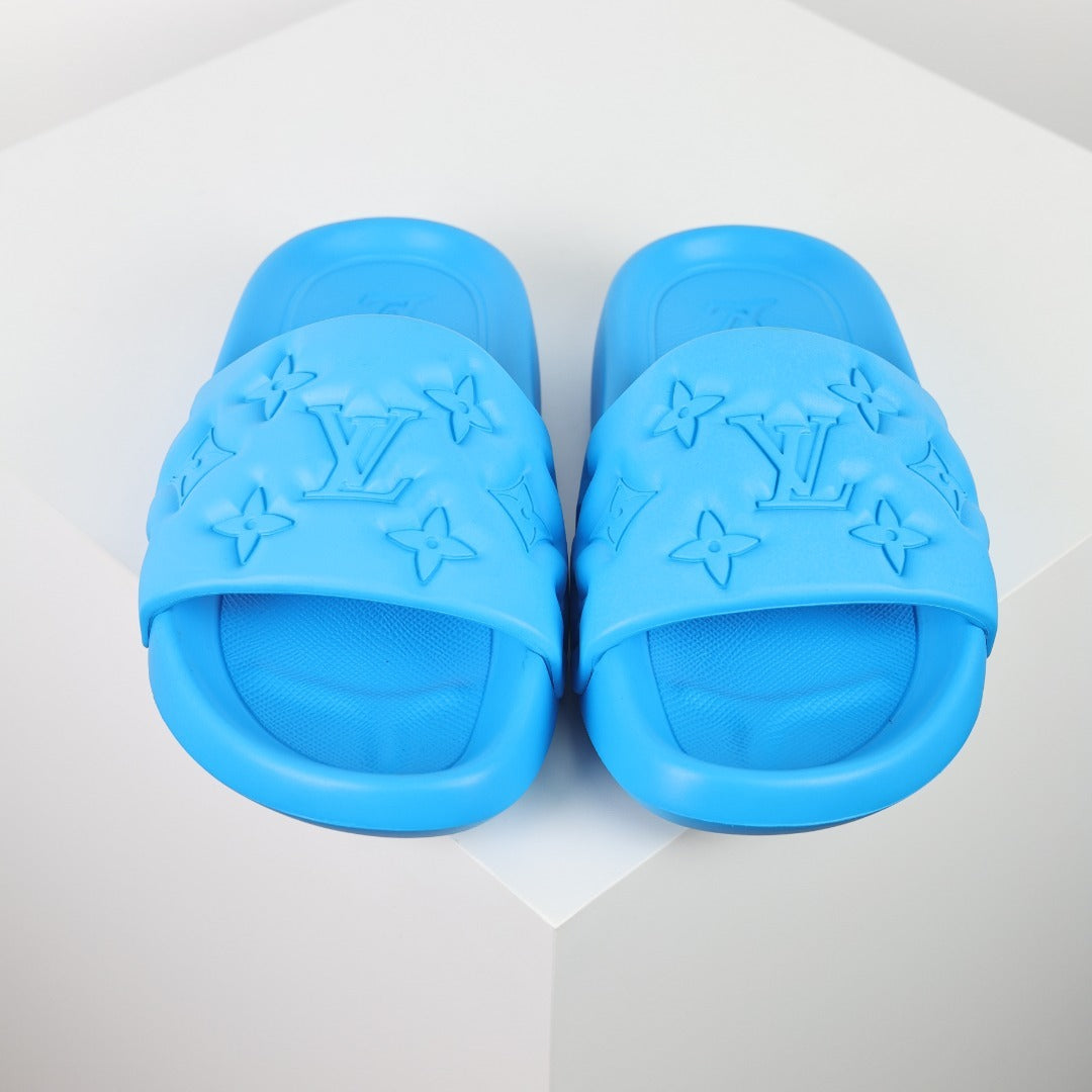 L***V Electric Blue Tonal Monogram Embossed EVA Waterfront Wide Strap Slide Sandals — Spring Summer Boutique Limited Edition