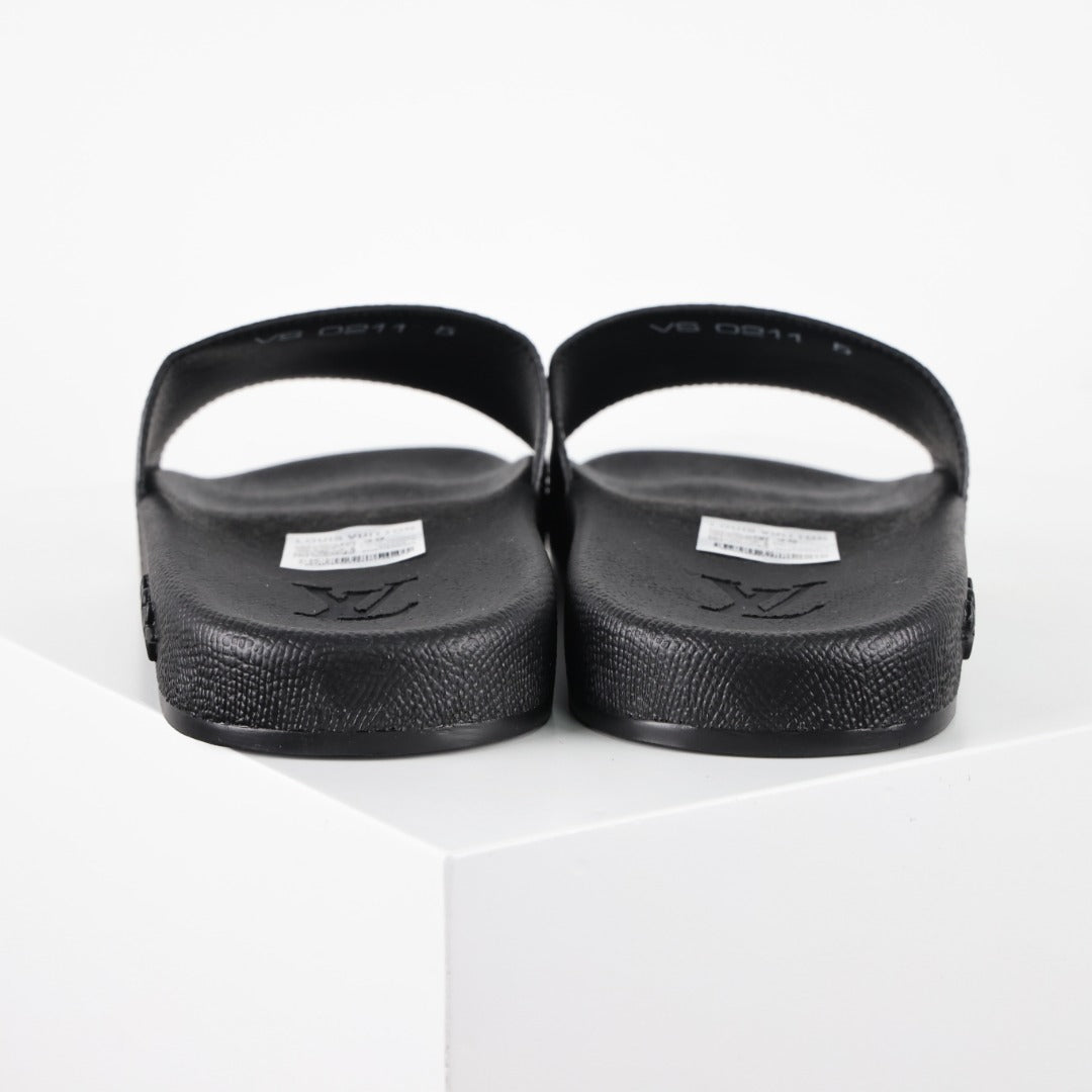 L***V Dark Brown Cream White All-Over Oversized Monogram Waterfront Wide Strap Slide Sandals — Spring Summer Boutique Limited Edition
