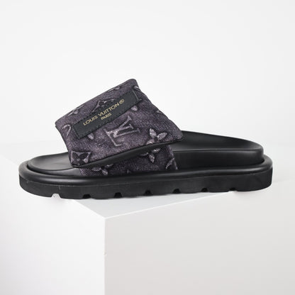 L***V Monogram Embossed Velcro Strap Slide Sandals — All-Black Wide Band Pool Beach Slippers (8 Colors)