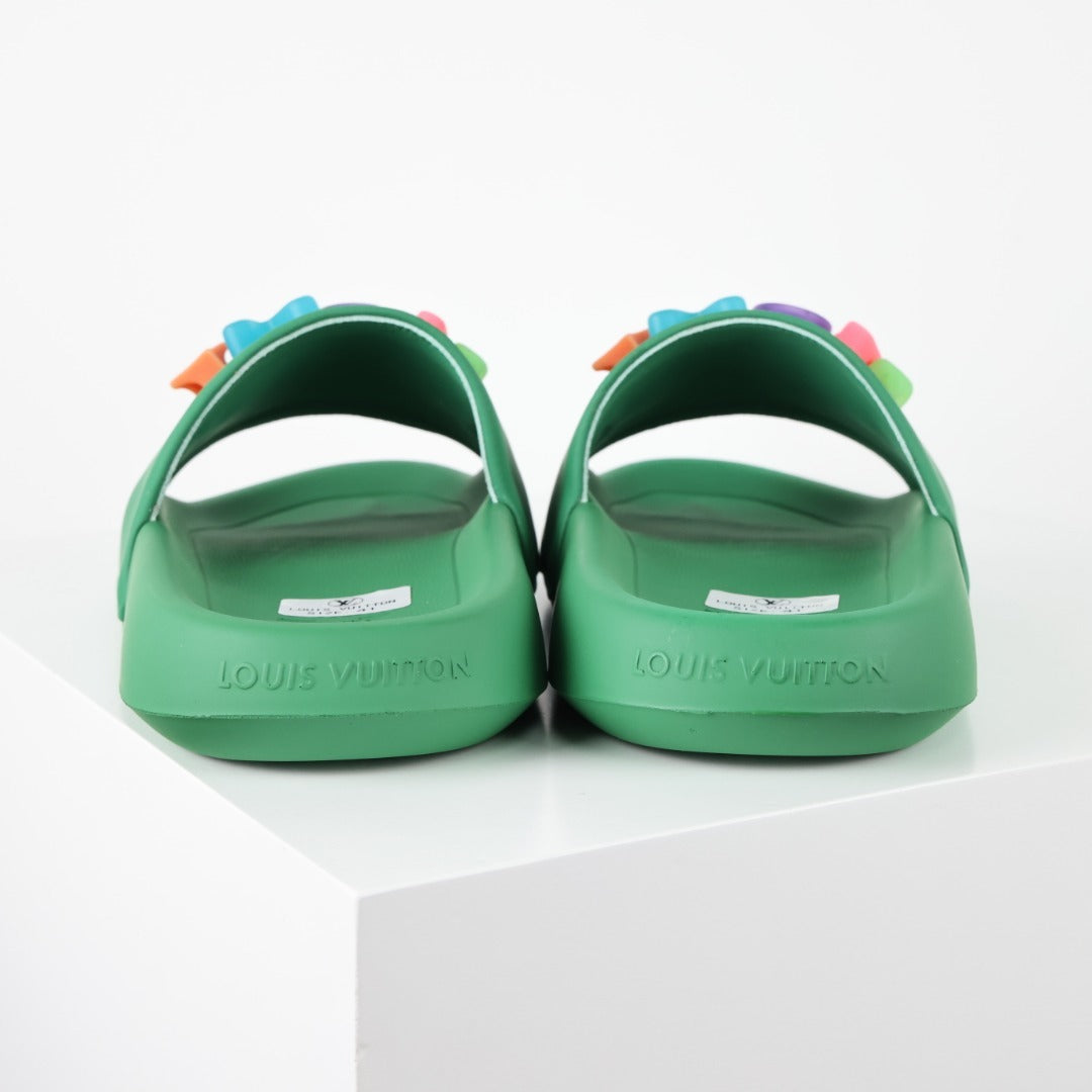 L***V Rubber Pool Slide Sandals — SS23 Limited Edition 3D Logo Charm Slip-On Beach Slippers (Emerald Green)