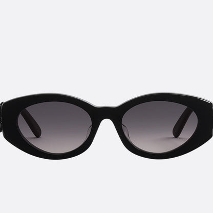 D**R Cat-Eye Oval Sunglasses | Glossy Black Acetate Frame, 3D Floral Detail & Grey Gradient Lenses
