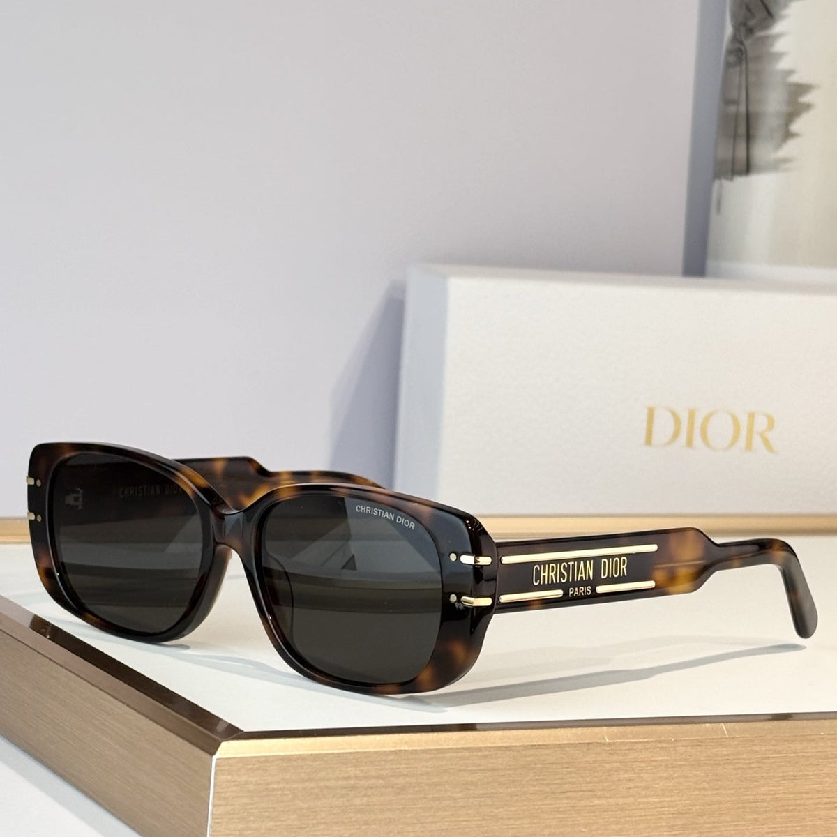 D**R Thick Rectangular Sunglasses with Tortoiseshell Acetate Frame, Brown Gradient Lenses & Gold Logo Temple Hardware