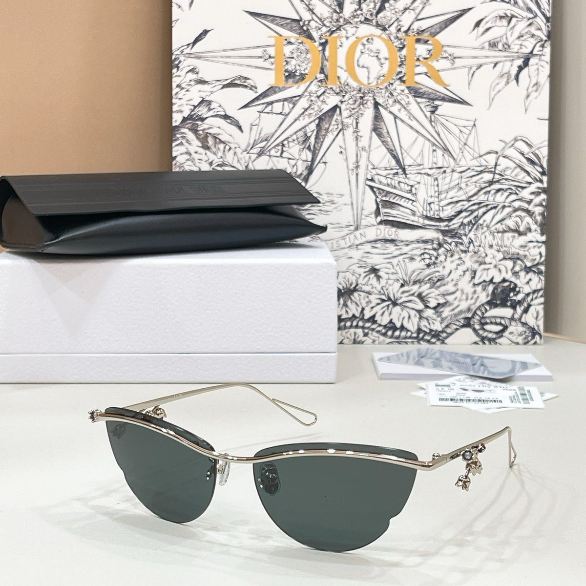 D**R Semi-Rimless Cat-Eye Sunglasses with Silver Frame, Grey Gradient Lenses & Figurine Charm Detail