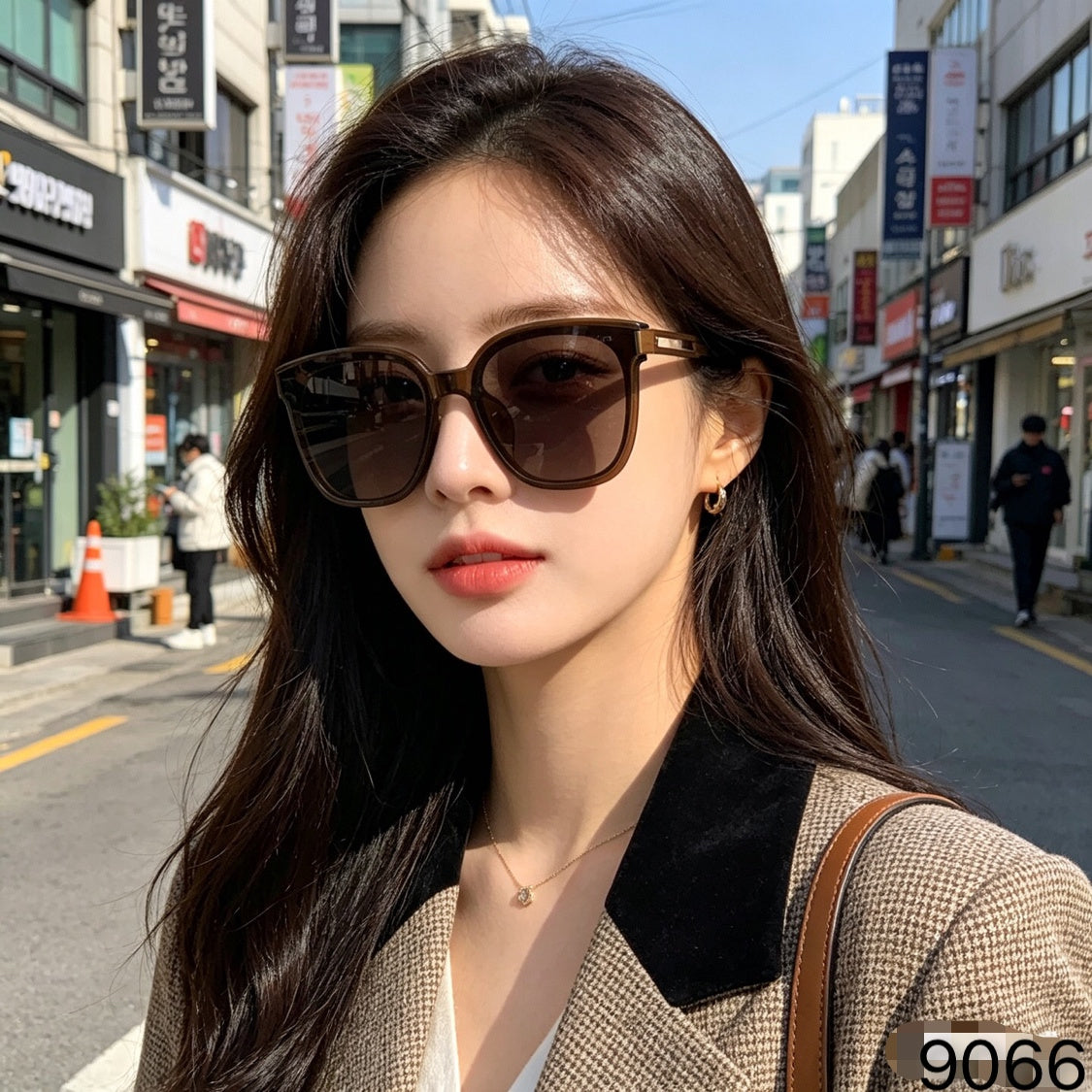 D**R Oversized Butterfly Sunglasses with Glossy Black Acetate Frame, Dark Grey Lenses & Geometric Open-Work Metal Bar Temples