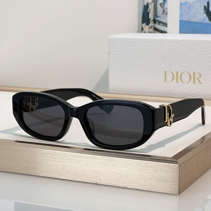 D**R Slim Rectangular Oval Sunglasses with Thick Glossy Black Acetate Frame, Dark Grey Lenses & Gold CD Script Logo Hardware